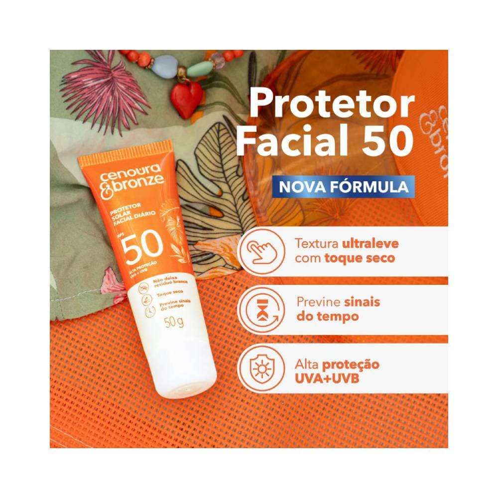 Protetor solar facial Cenoura & Bronze FPS 50 com embalagem e caixa laranja e branca