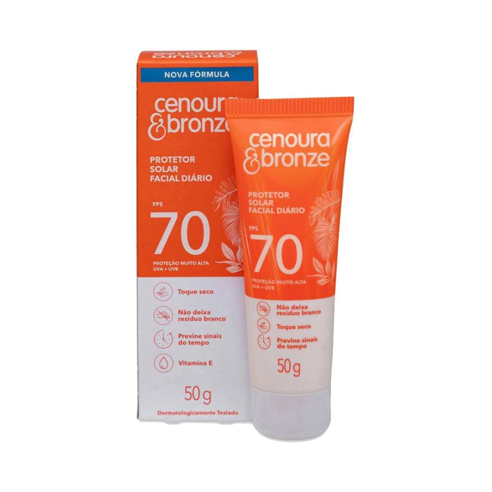Bisnaga laranja e branca do Protetor Solar Facial Cenoura & Bronze FPS 70, 50g
