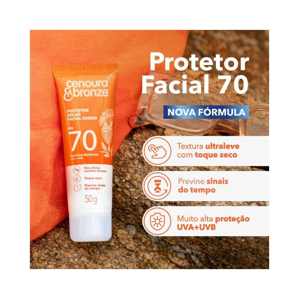 Caixa e bisnaga do Protetor Solar Cenoura & Bronze FPS 70, 50g, em fundo branco