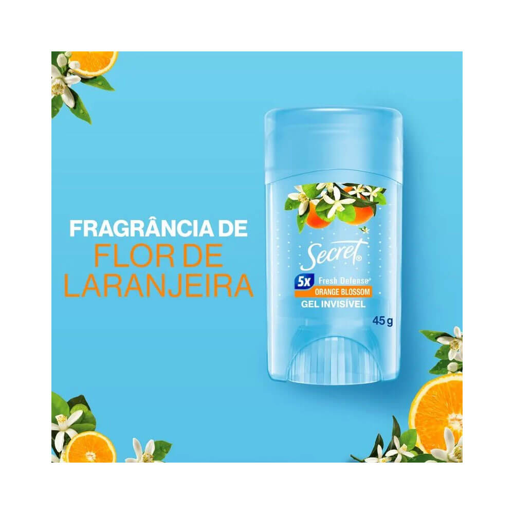 Desodorante Gel Secret Orange Blossom 45g com fundo azul claro e elementos de flores e laranjas