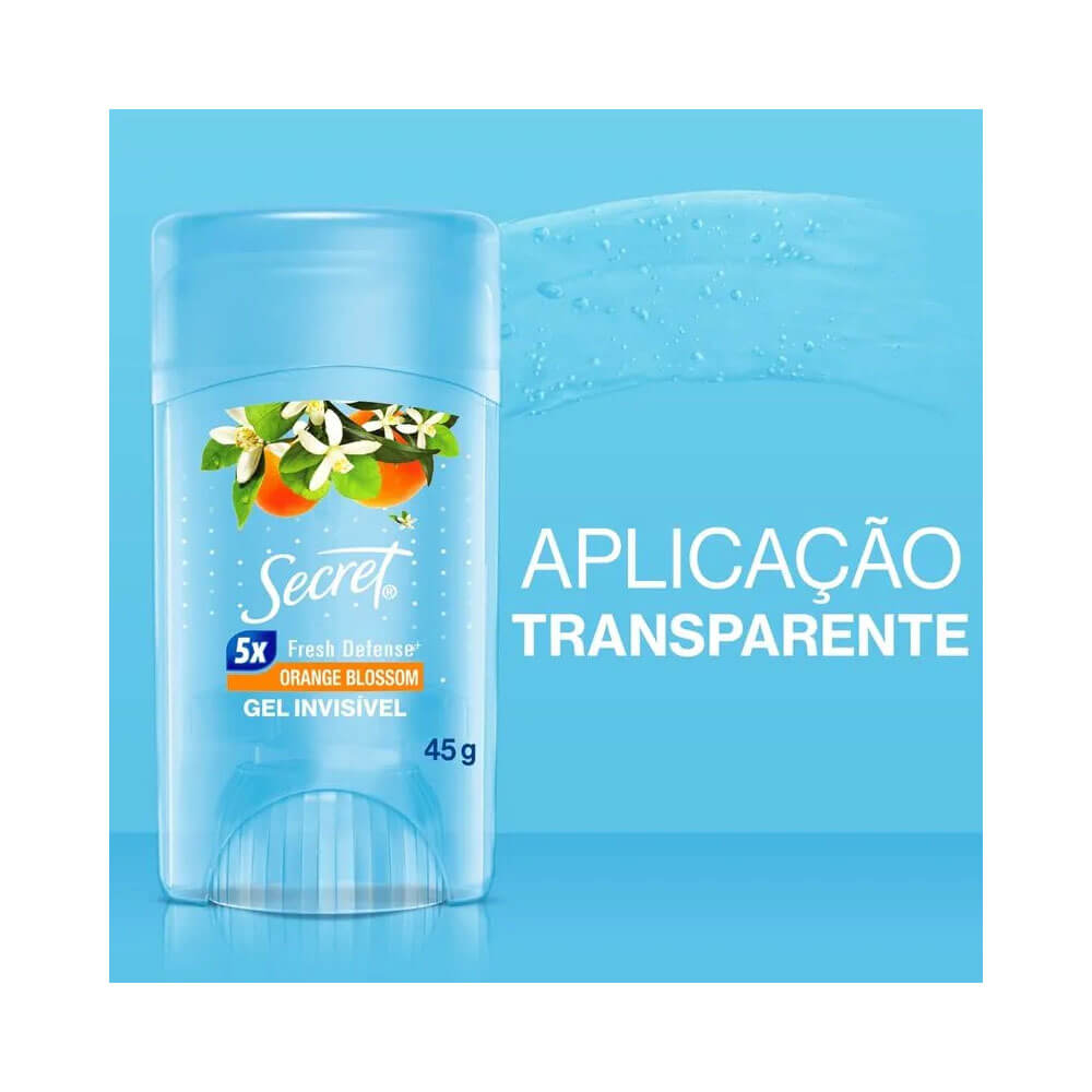 Desodorante Gel Secret Orange Blossom 45g com efeito de gotas em fundo azul claro