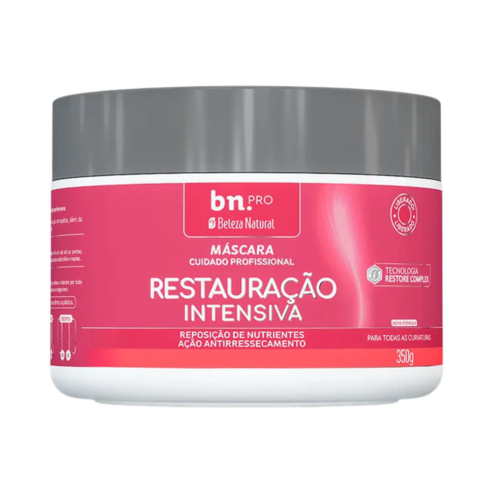 Pote de Máscara Capilar Beleza Natural Restauração Intensiva 350g com rótulo rosa e tampa cinza