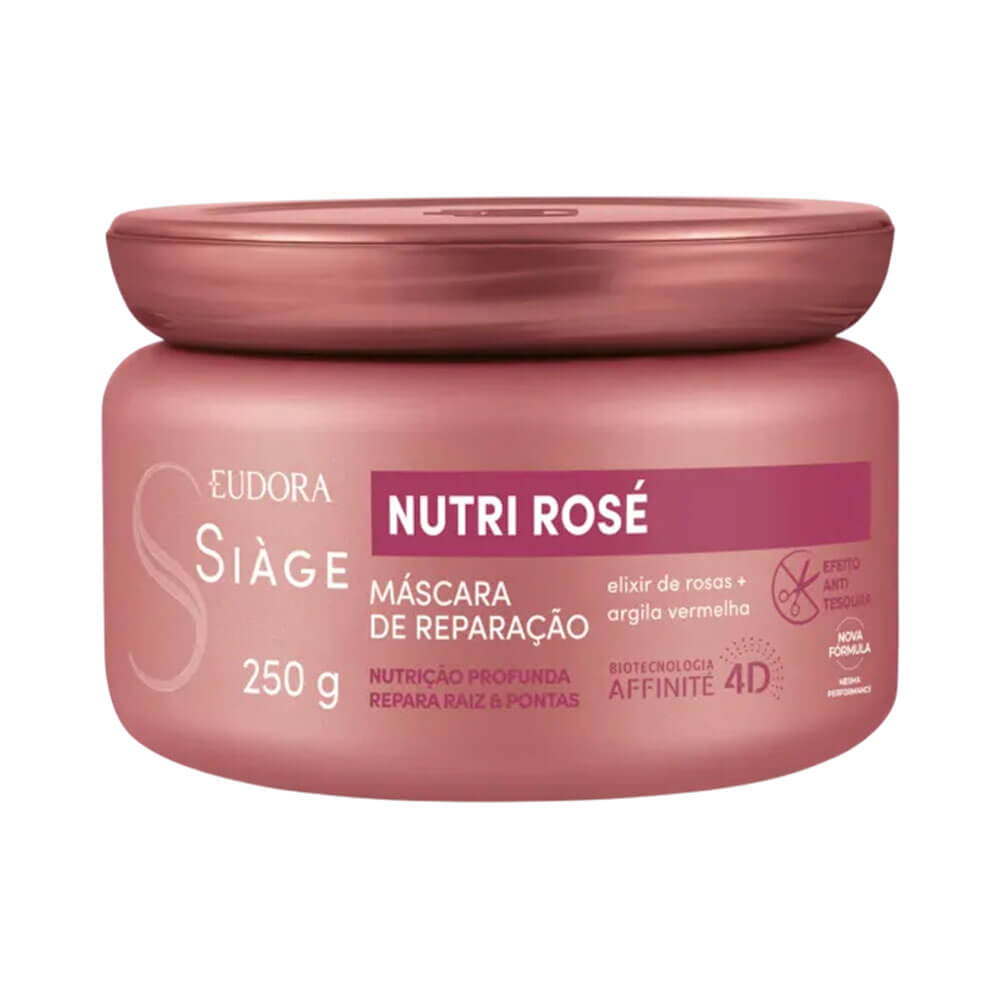 Máscara Capilar Siàge Nutri Rosé 250g, pote rosa metálico com tampa rosada