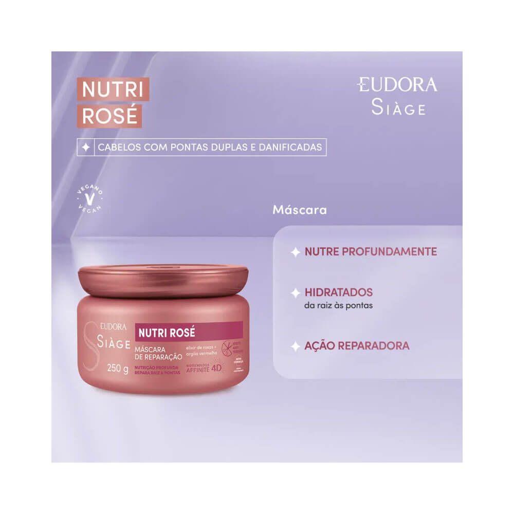 Máscara Capilar Siàge Nutri Rosé 250g em pote rosa metálico, fundo lilás claro