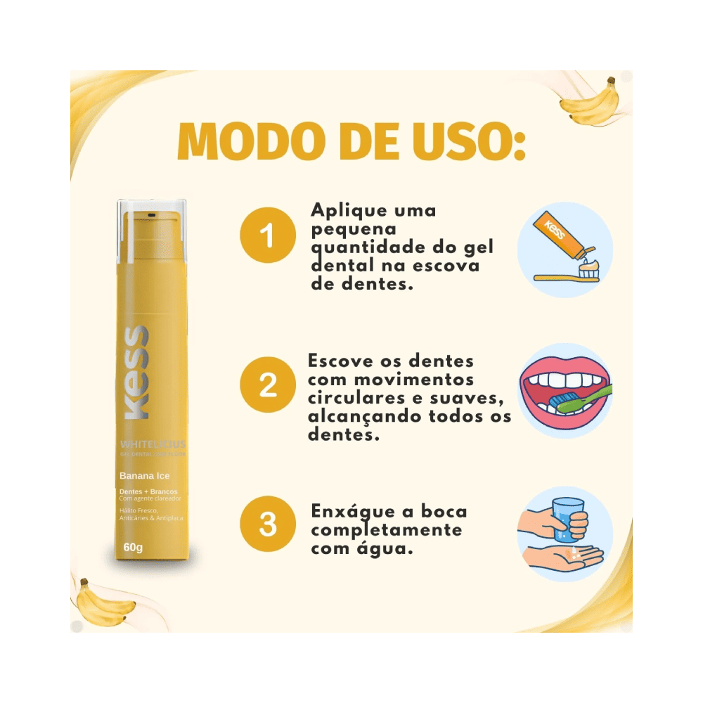 Gel Dental Kess Whitelicious Banana Ice com banana e escova ao lado