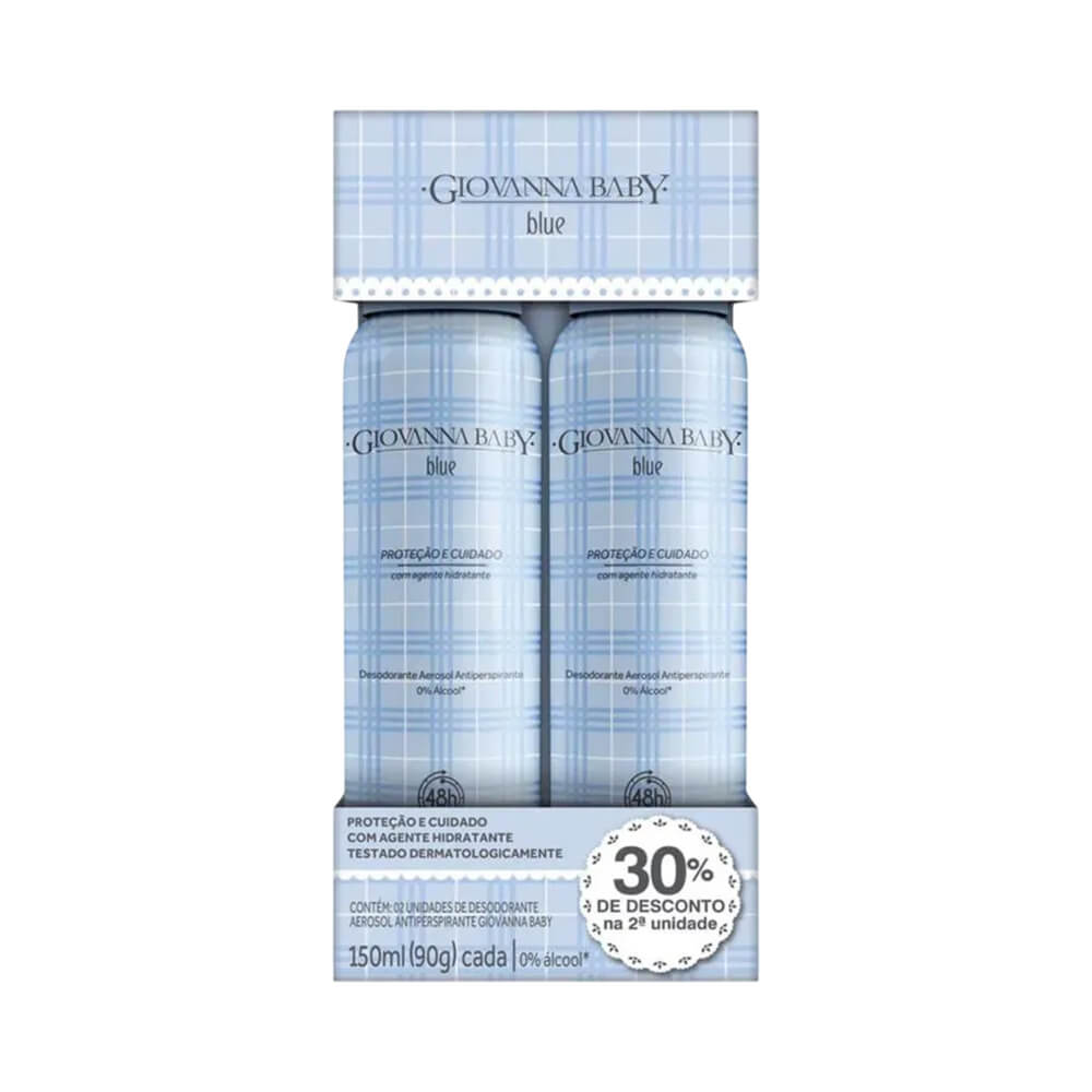 Kit Desodorante Aerosol Giovanna Baby Blue 90g 2 Unidades - embalagem azul clara com padrão xadrez