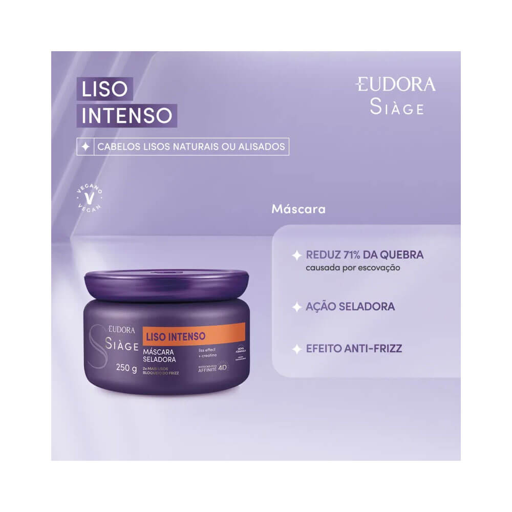 Máscara Siàge Liso Intenso com destaque para benefícios e embalagem roxa