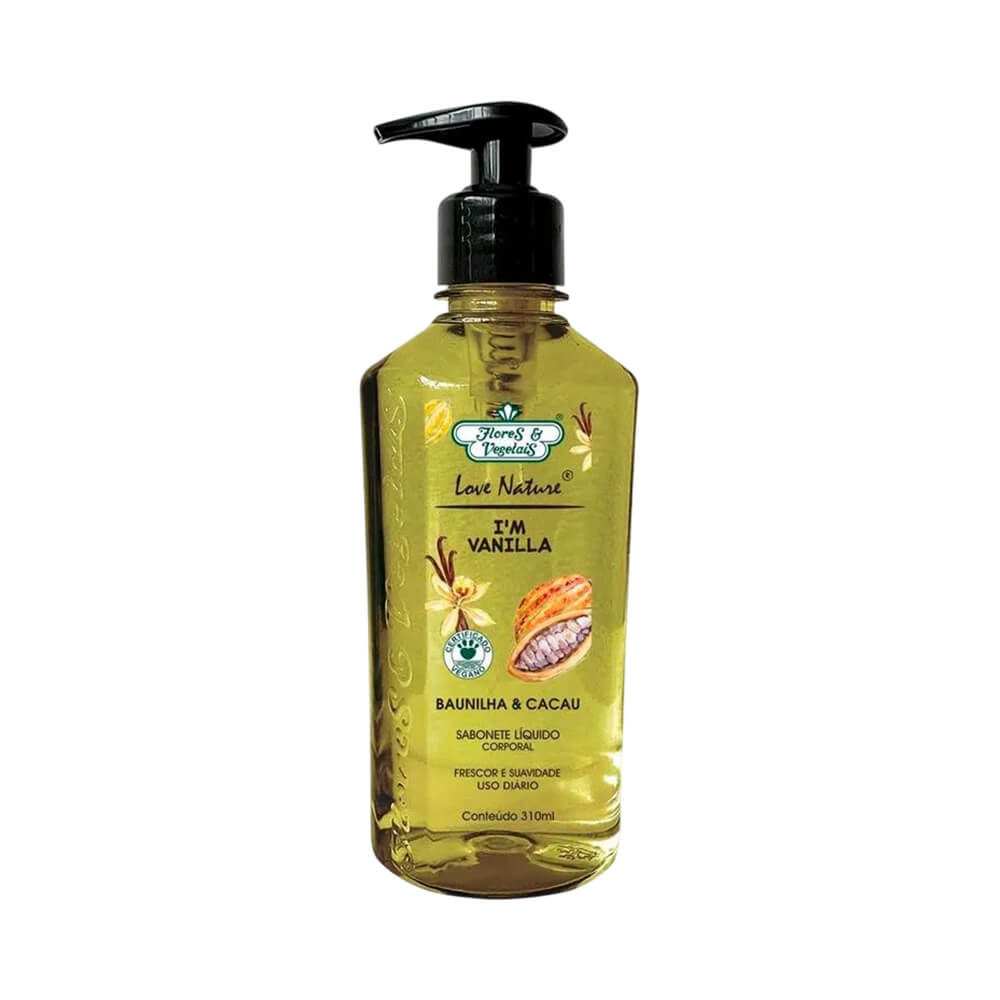 Sabonete Líquido Flores & Vegetais Baunilha e Cacau 310ml embalagem transparente com pump preto