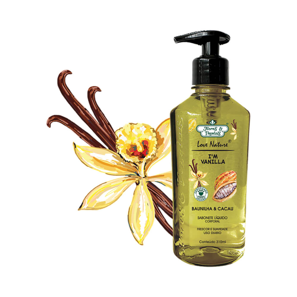 Sabonete Líquido Flores & Vegetais Baunilha e Cacau 310ml com ilustrações de baunilha e cacau