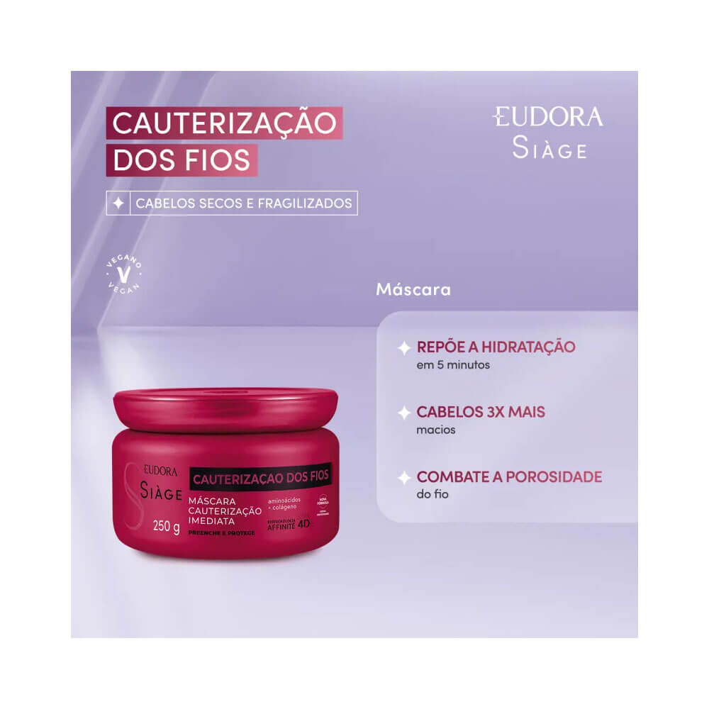 Máscara Siàge Cauterização dos Fios com destaque para benefícios e indicação para cabelos secos e fragilizados