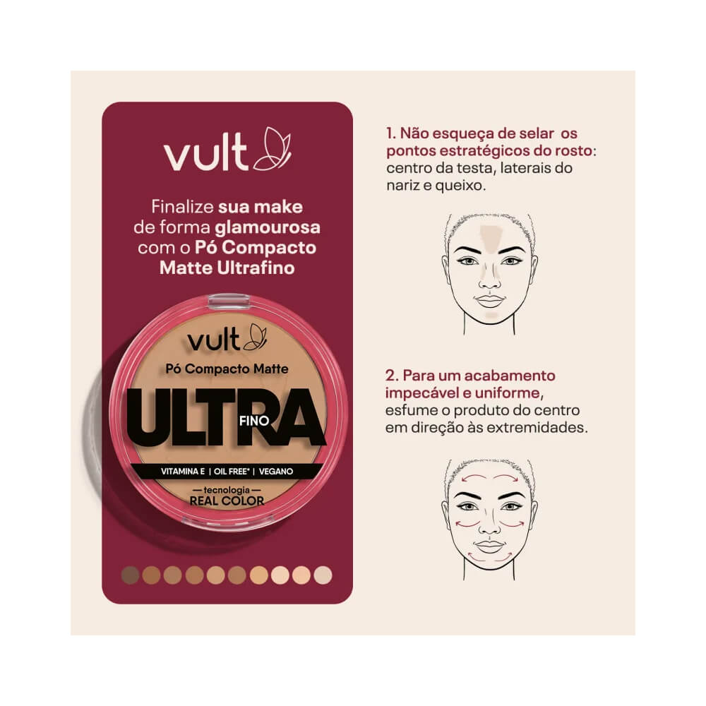 Imagem informativa do Pó Compacto Vult Ultra Fino Matte V470 com instruções de uso
