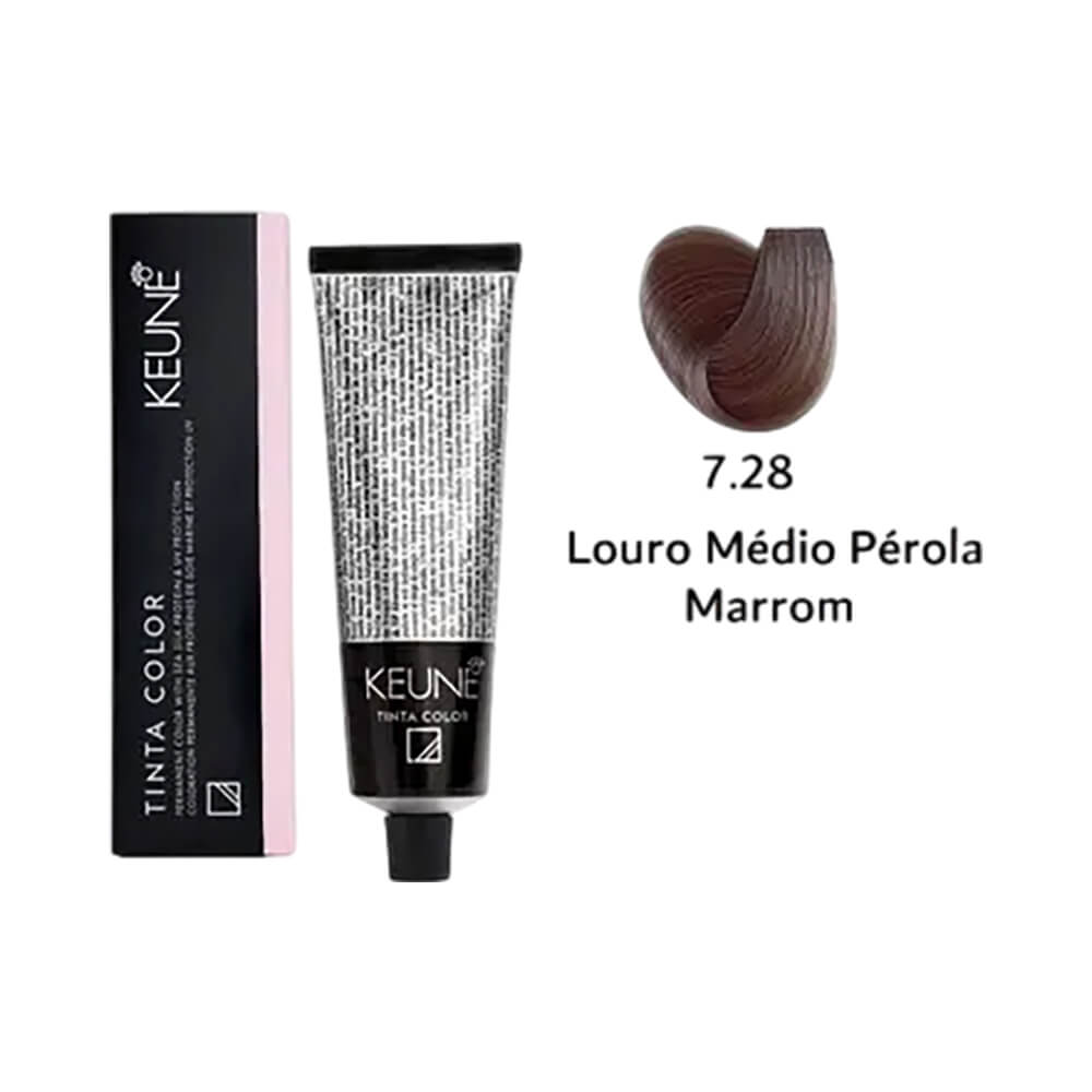 Tubo e caixa da Colorac¸a~o Keune 7.28 com amostra da cor louro médio pérola marrom