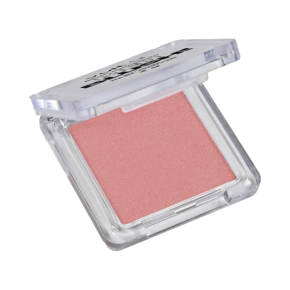 Blush compacto Vult rosa perolado fechado com embalagem quadrada transparente em fundo branco