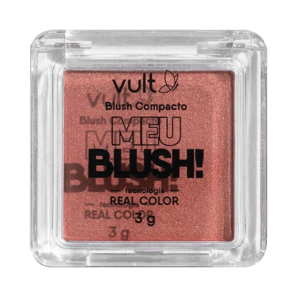 Detalhe do blush compacto Vult mostrando textura e embalagem transparente
