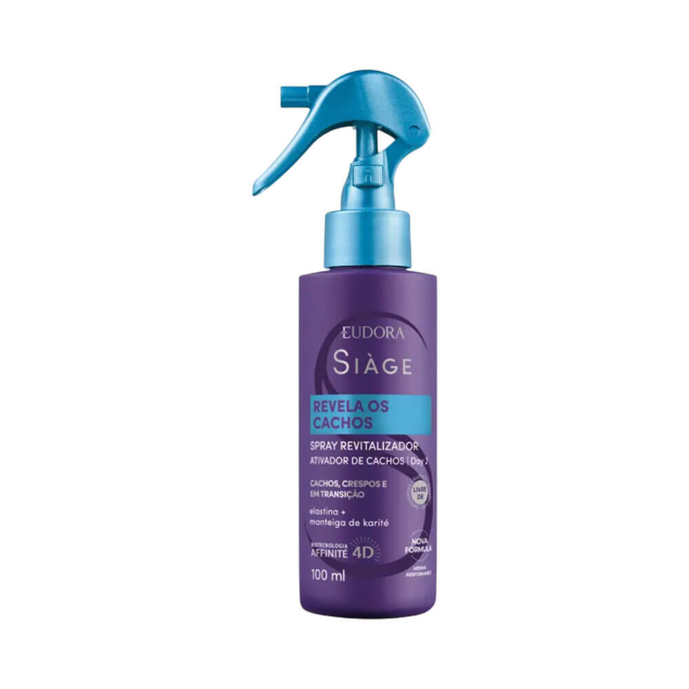Frontal do Spray Revitalizador Siàge Revela os Cachos 100ml da Eudora com embalagem roxa e borrifador azul.