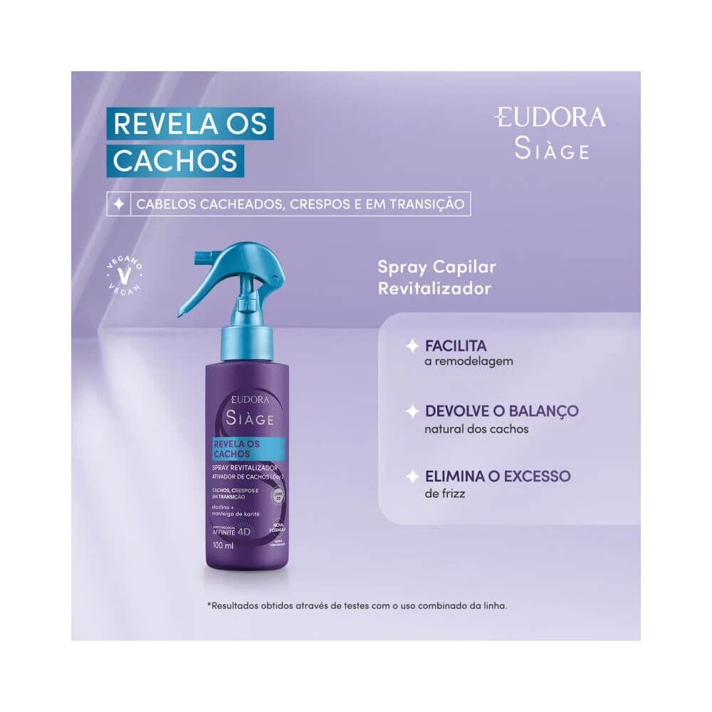 Produto em destaque com fundo lilás mostrando borrifador azul e benefícios para cachos.