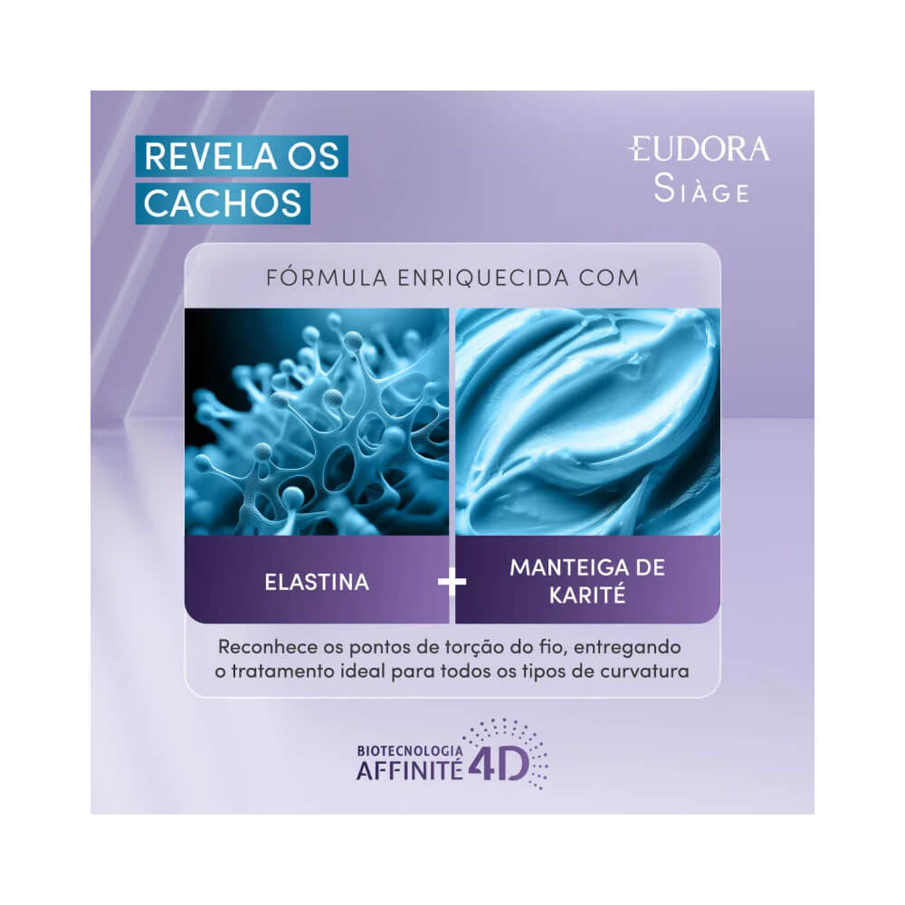Imagem do Spray Revitalizador Siàge Revela os Cachos destacando ingredientes e tecnologia Affinite 4D.