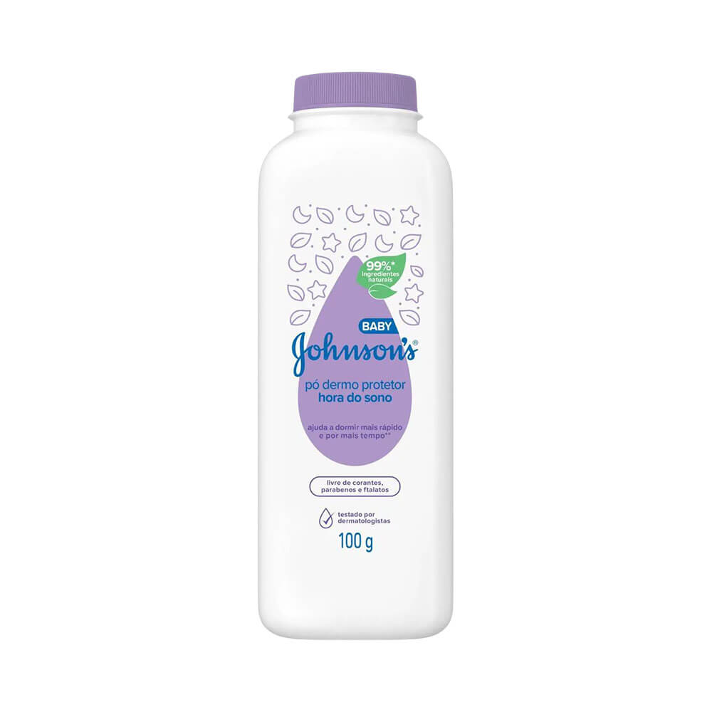 Frontal do Talco Johnson's Baby Pó Dermo Protetor Hora do Sono 100g em embalagem branca com tampa roxa