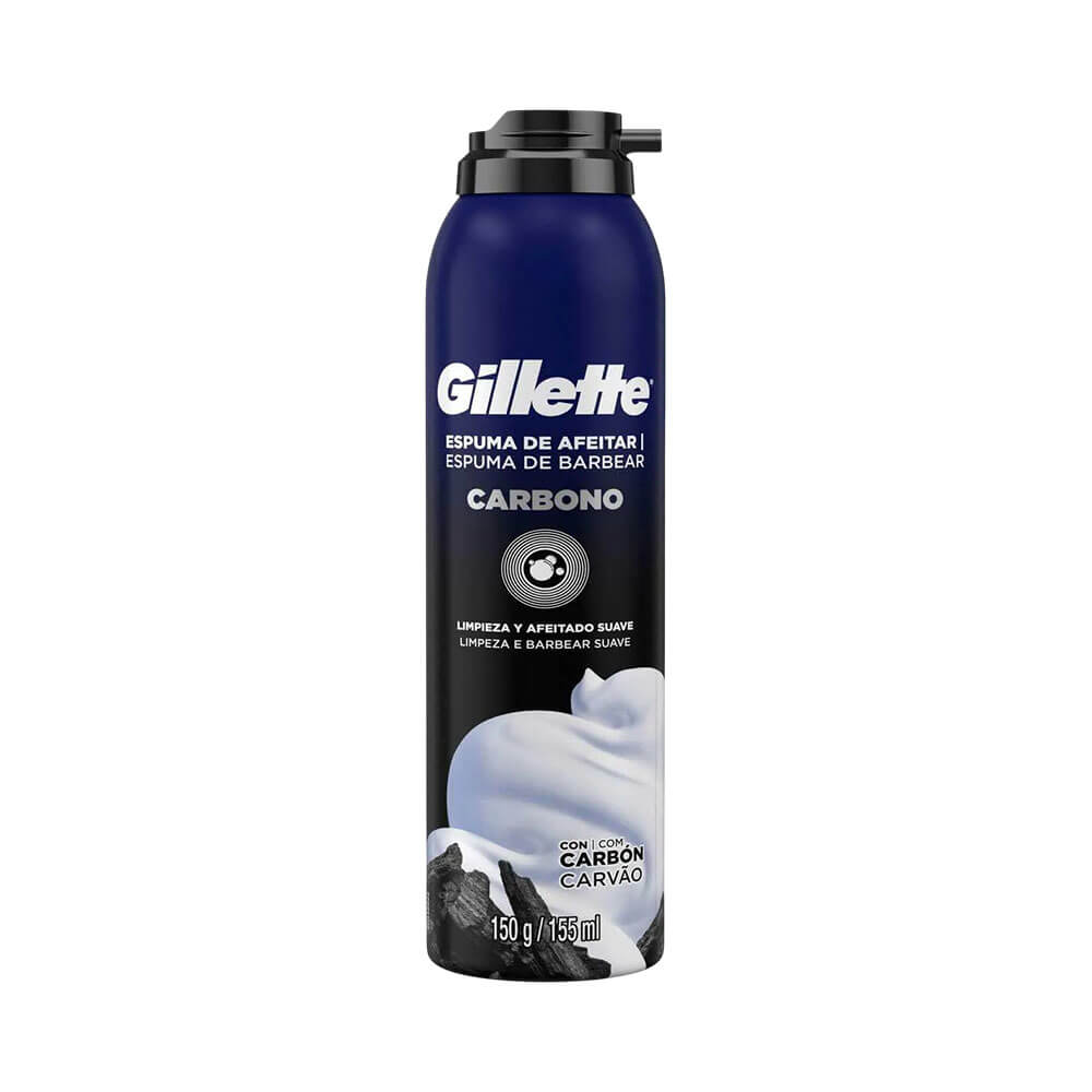 Espuma de Barbear Gillette Carbono 150g embalagem azul escura com detalhes em preto e branco