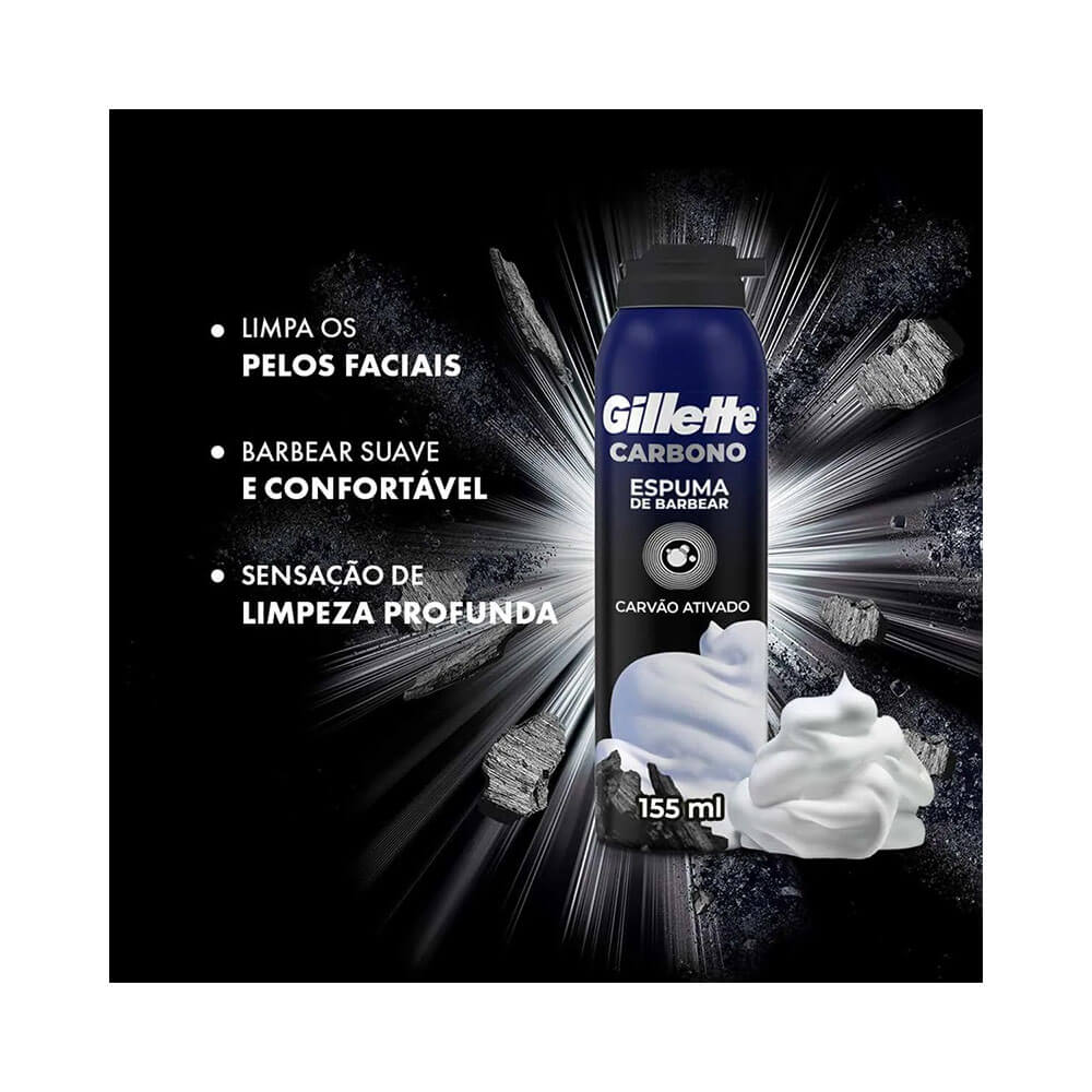 Espuma de Barbear Gillette Carbono 150g com fundo preto e elementos gráficos de carvão