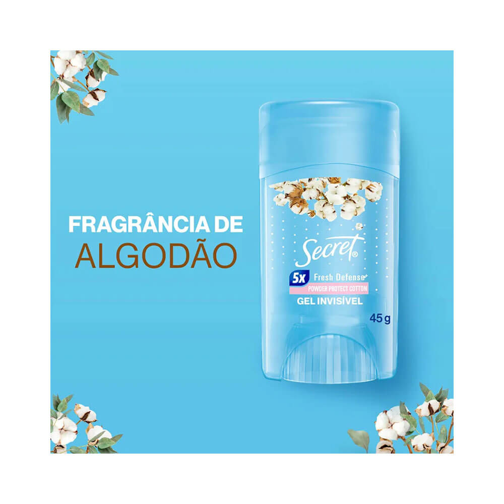 Desodorante Gel Secret Powder Protect Cotton 45g com destaque para fragrância de algodão