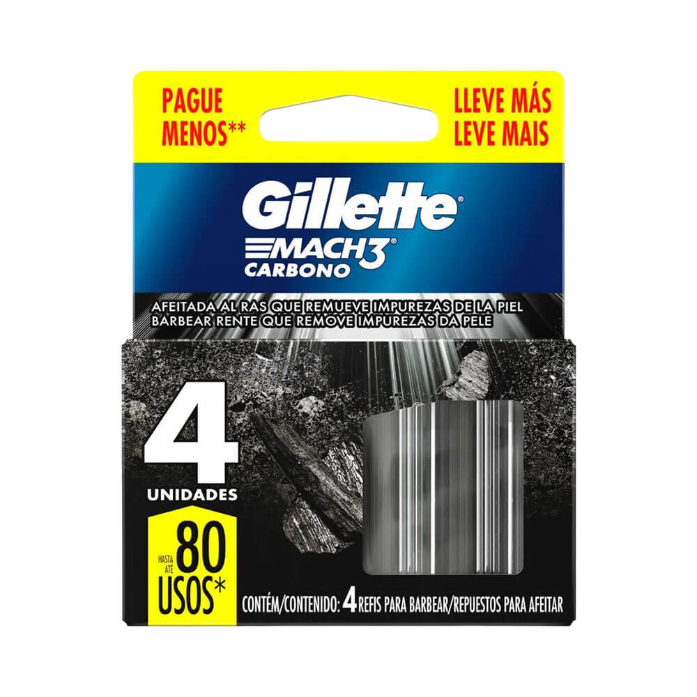 Embalagem do Aparelho de Barbear Gillette Mach3 Carbono com 4 refis