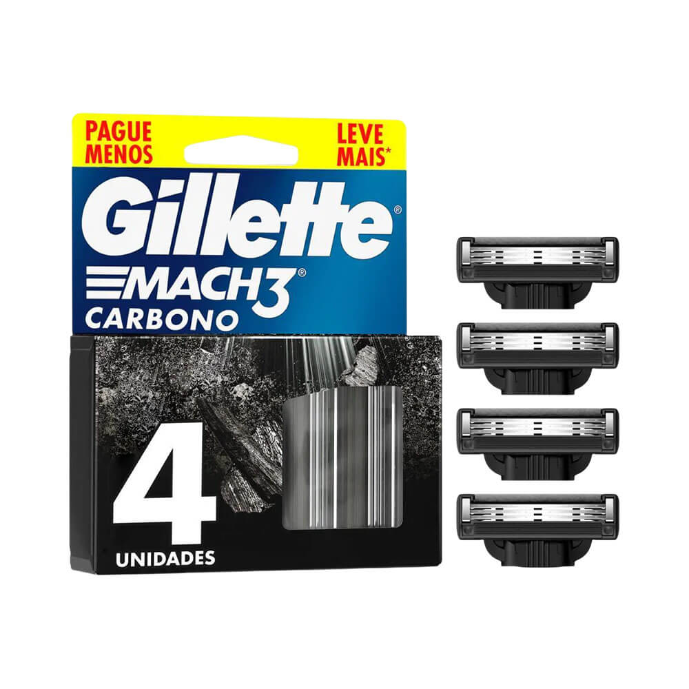 Aparelho de Barbear Gillette Mach3 Carbono com refis ao lado da embalagem