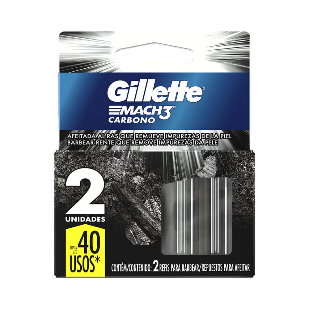 Embalagem do Aparelho de Barbear Gillette Mach3 Carbono com 2 unidades de refil
