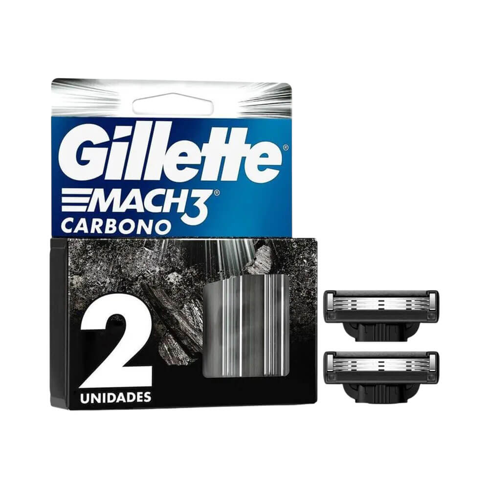 Lâminas do Aparelho de Barbear Gillette Mach3 Carbono ao lado da embalagem