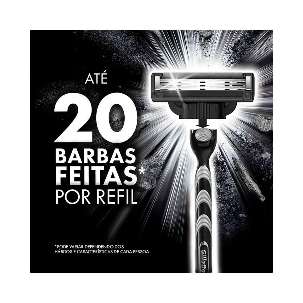 Aparelho Gillette Mach3 Carbono com destaque para lâminas e tecnologia