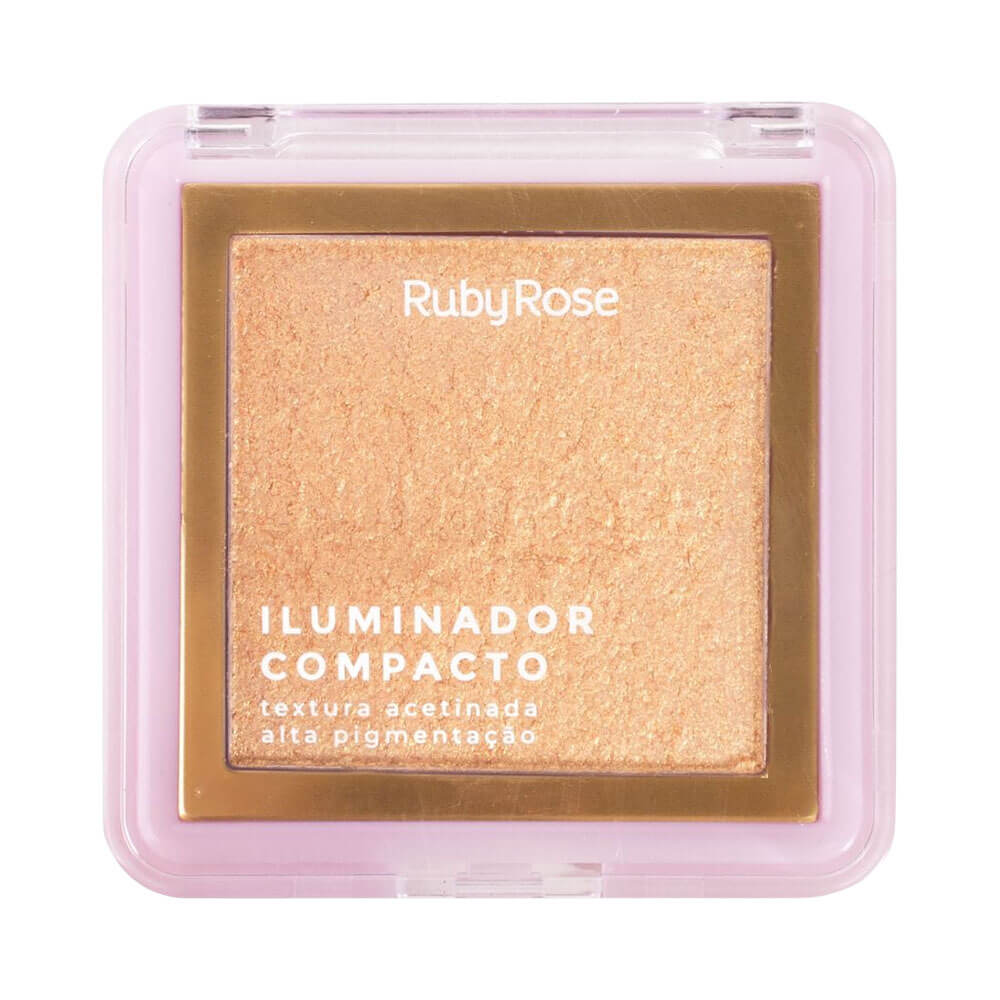 Iluminador Compacto Ruby Rose HL50 em embalagem rosa claro com pó dourado acetinado