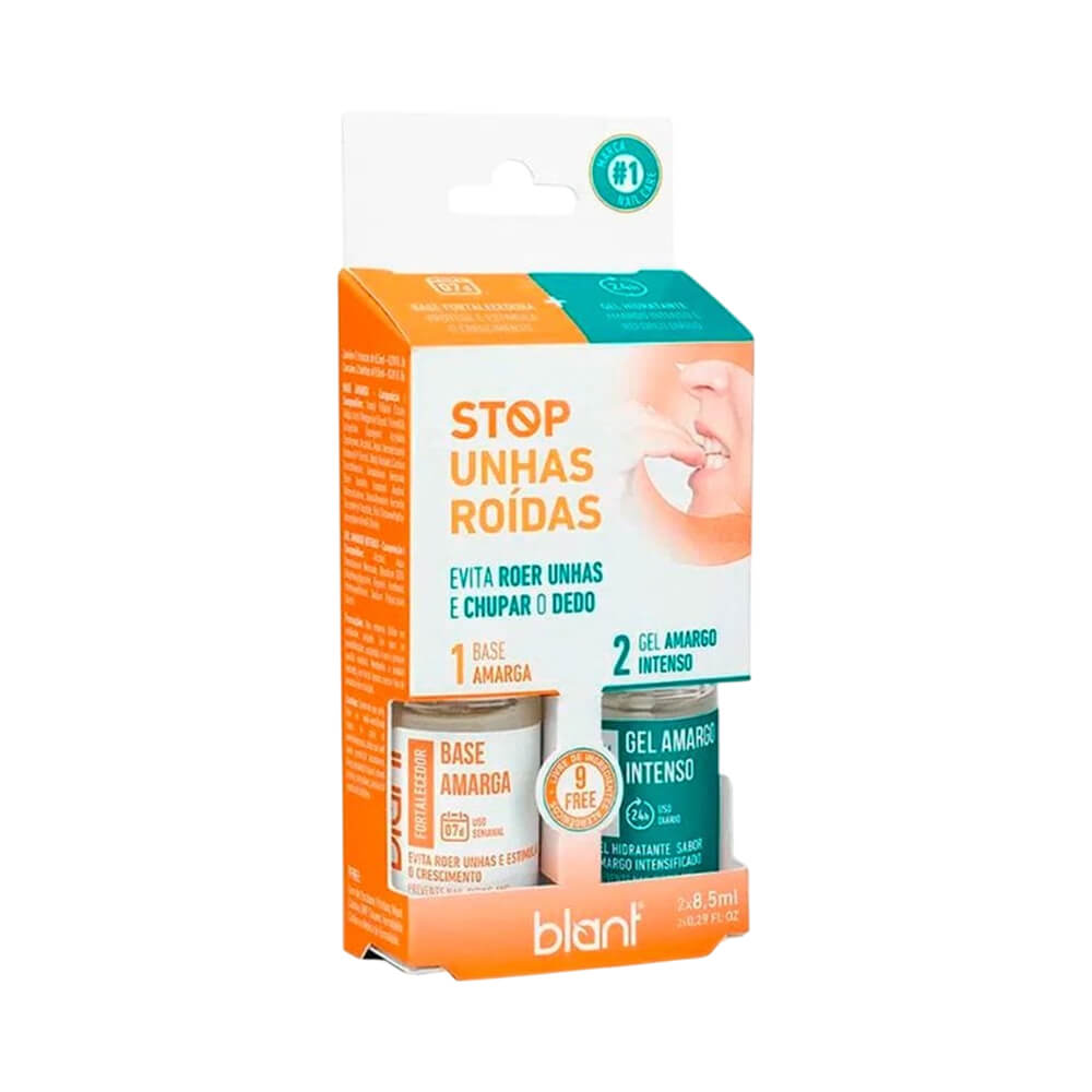 Embalagem do Kit Base + Gel Blant Stop Unhas Roídas com destaque para indicação de uso e benefícios