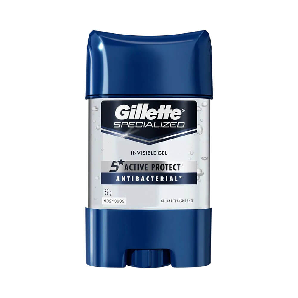 Desodorante Gillette Clear Gel Antibacterial 82g embalagem frontal azul e prata