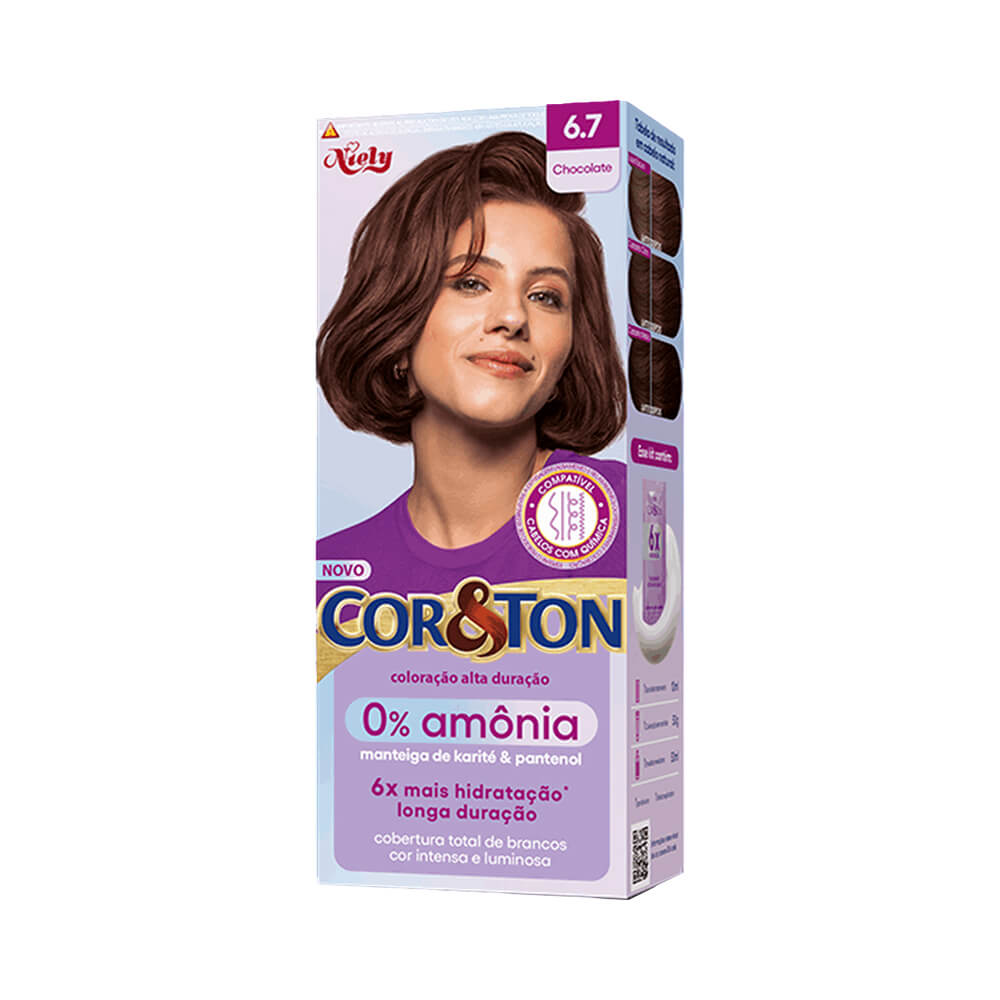 Embalagem da coloração Cor & Ton sem amônia 6.7 Chocolate com destaque para hidratação e cobertura total