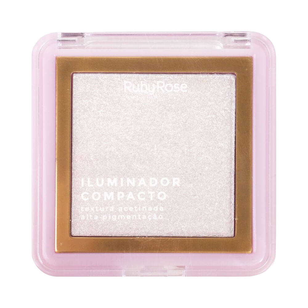 Iluminador Compacto Ruby Rose HL10 em embalagem rosa clara com acabamento acetinado e alta pigmentação