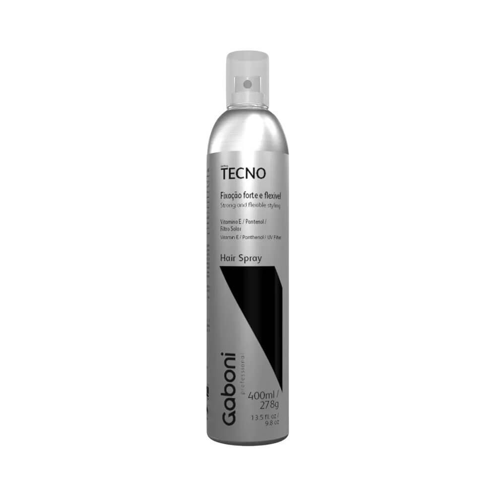 Hair Spray Gaboni Tecno Fixação Forte e Flexível 400ml em embalagem prateada