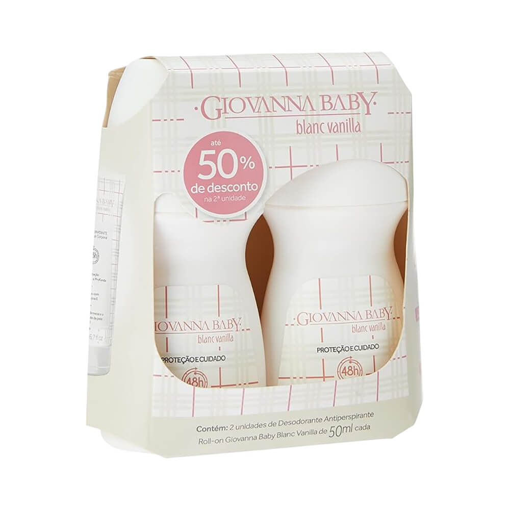 Kit Desodorante Roll-On Giovanna Baby Vanilla 50ml 2 Unidades - embalagem frontal branca com detalhes em vermelho e rosa