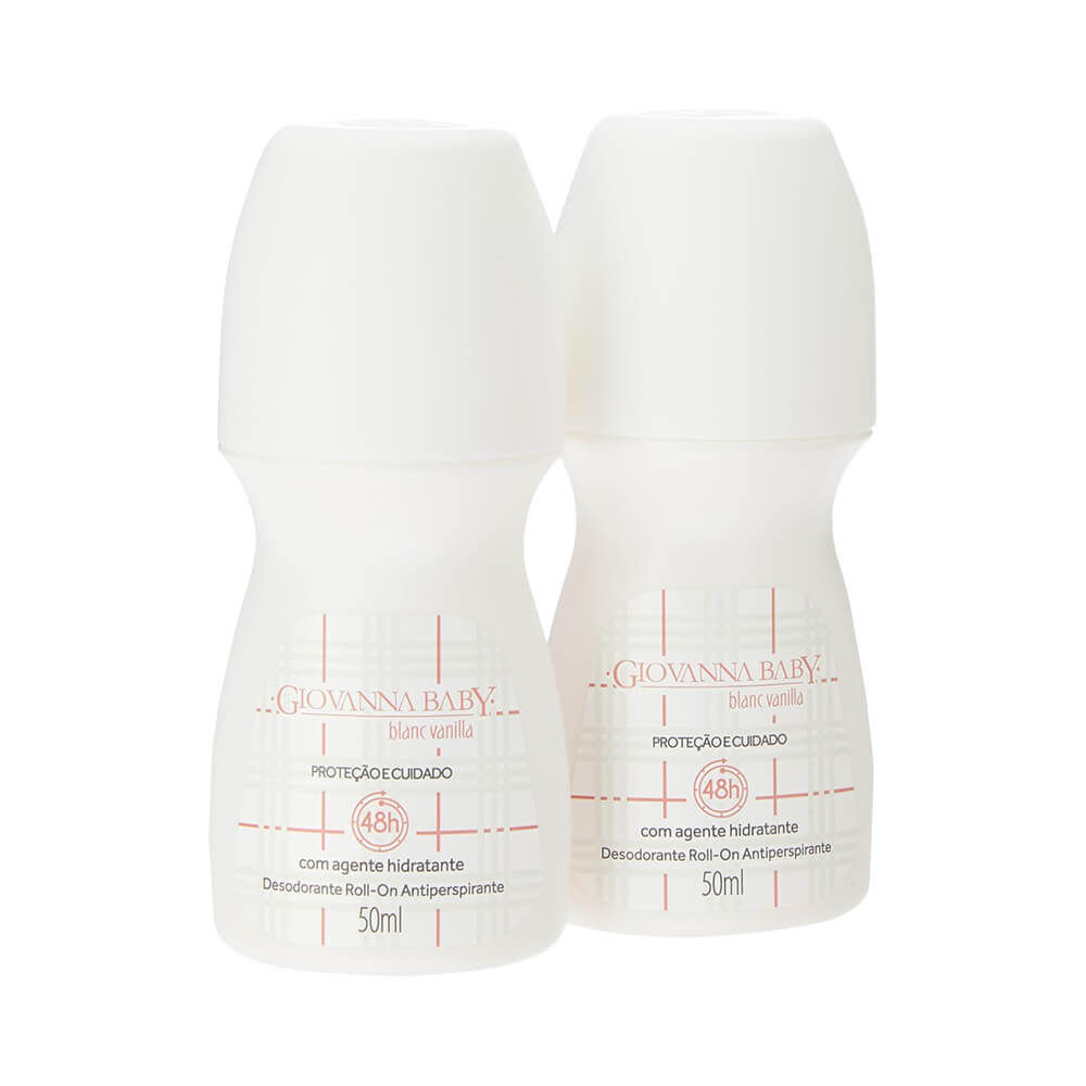 Dois frascos do Kit Desodorante Roll-On Giovanna Baby Vanilla 50ml lado a lado, frascos brancos com tampa branca
