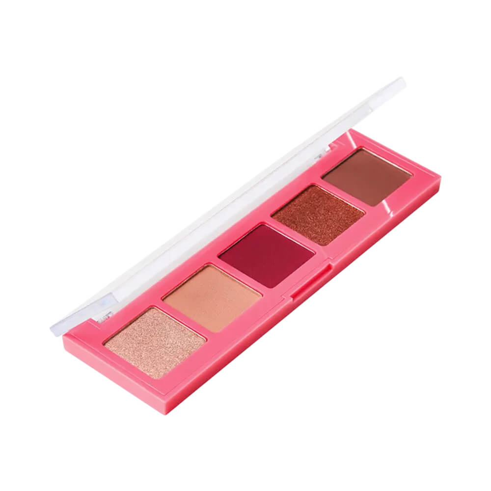 Paleta de sombras Vult Soleil Sunset com cinco cores em tons quentes, embalagem rosa com tampa transparente