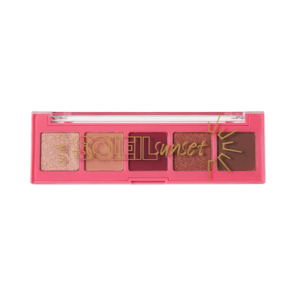 Paleta de sombras Vult Soleil Sunset vista de frente com embalagem rosa e tampa transparente