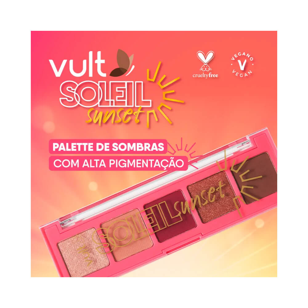 Paleta de sombras Vult Soleil Sunset aberta com cinco cores quentes e embalagem rosa