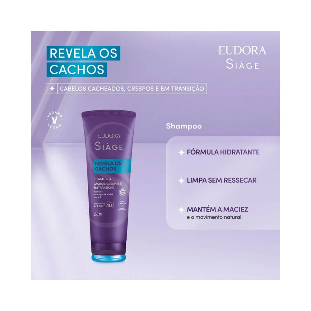 Shampoo Siàge Revela os Cachos 250ml tubo roxo com tampa azul em fundo lilás