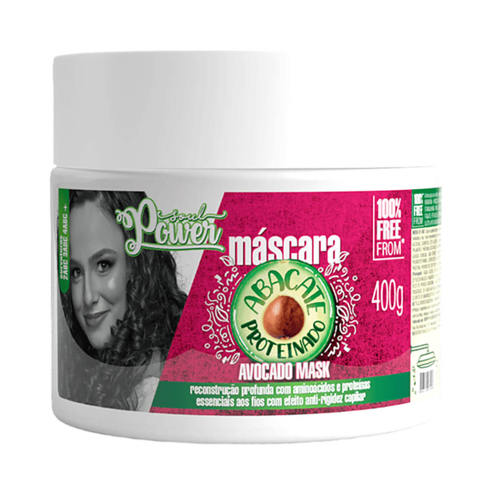 Embalagem branca da Máscara Capilar Soul Power Abacate 400g com rótulo rosa e verde