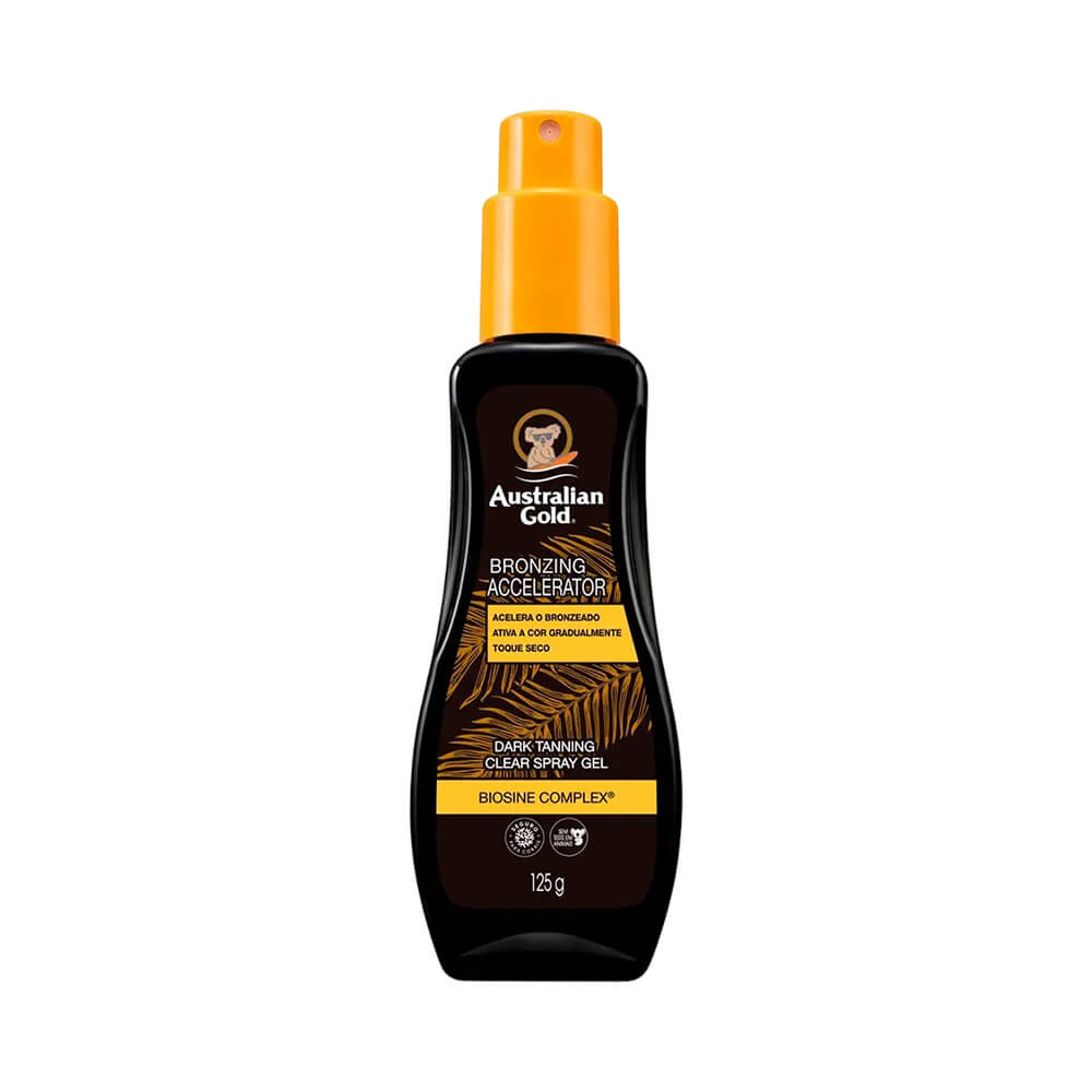 Frontal do frasco do Acelerador de Bronzeado Australian Gold Clear Spray Gel 125ml com embalagem preta e detalhes em laranja