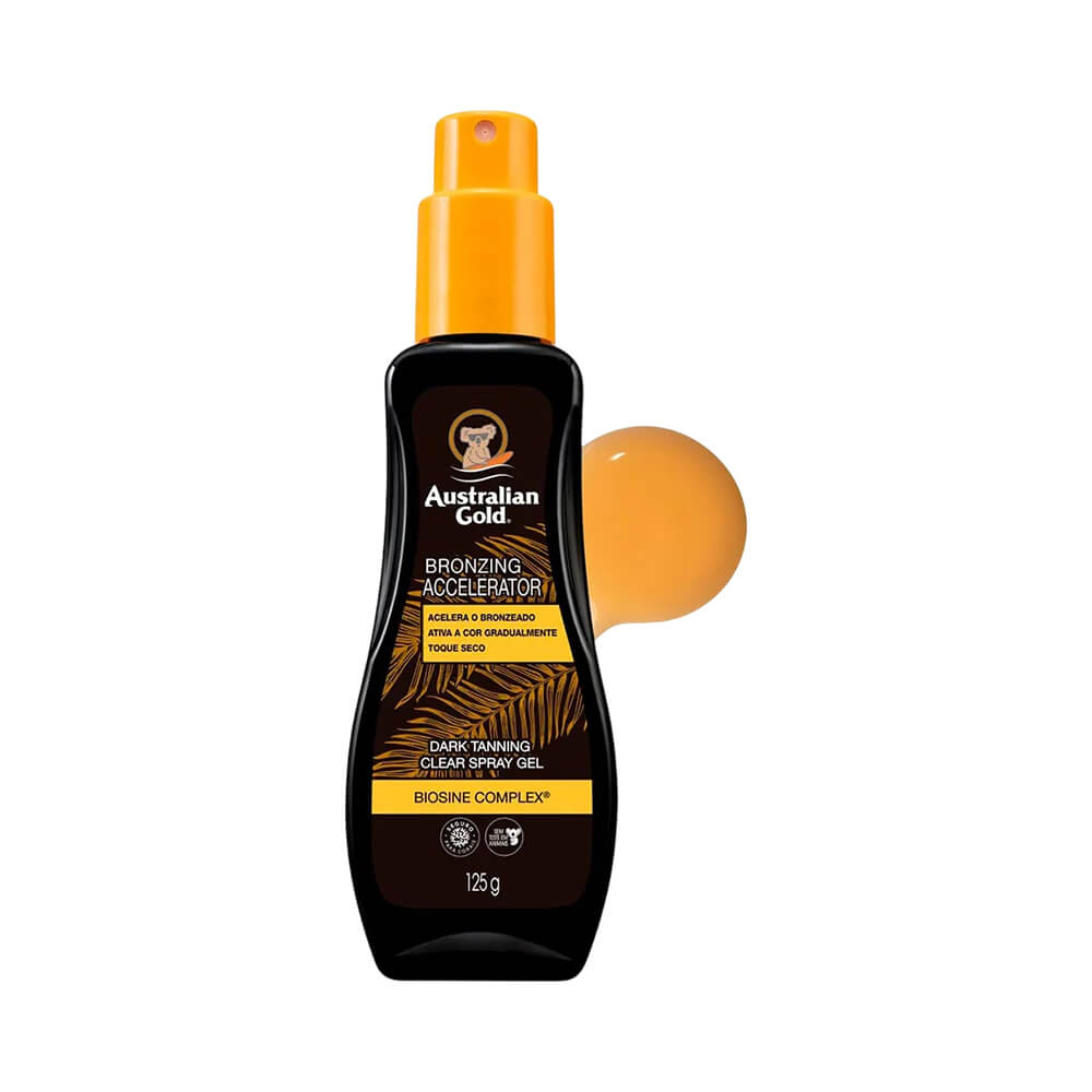 Frasco do Acelerador de Bronzeado Australian Gold com gota do gel translúcido âmbar claro ao lado