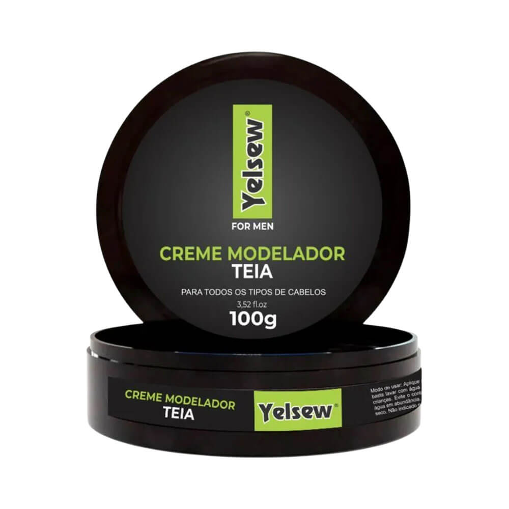 Creme Modelador Yelsew Teia 100g em embalagem preta redonda com tampa aberta mostrando o creme branco