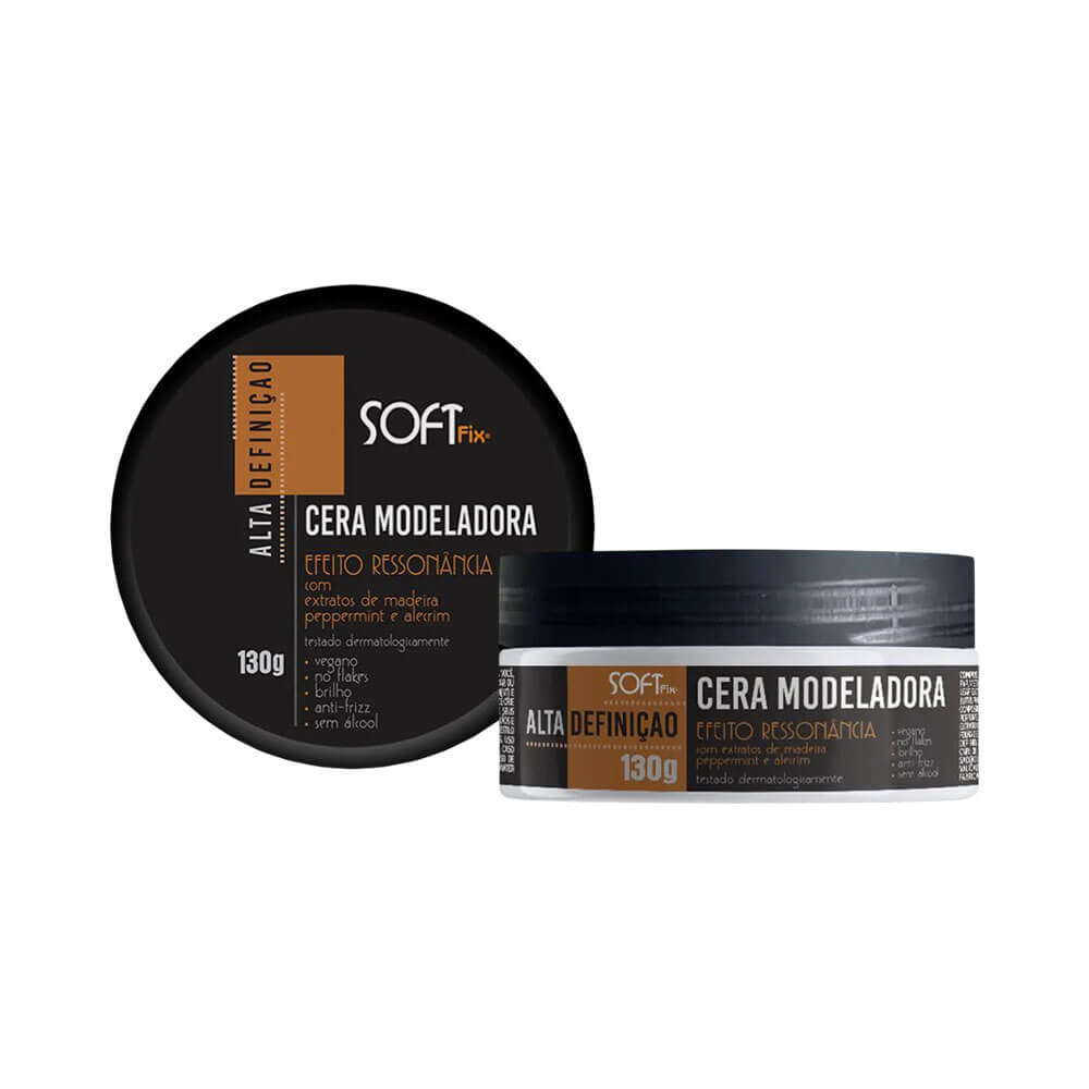 Cera Modeladora Soft Fix Efeito Ressonância 130g em embalagem preta com detalhes marrom e branco