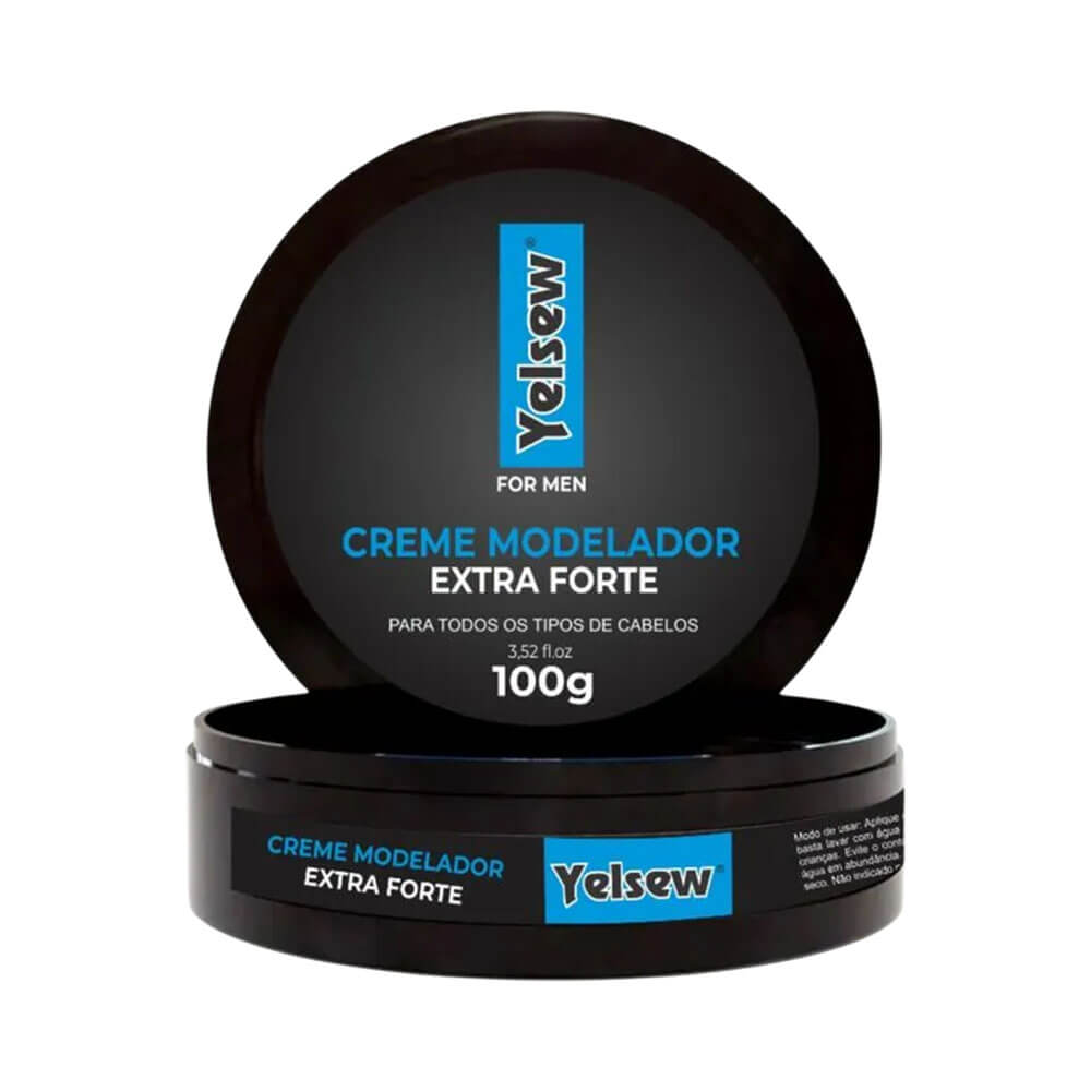 Creme Modelador Yelsew Extra Forte em embalagem preta redonda com tampa aberta mostrando creme branco no interior
