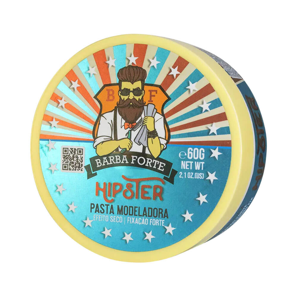 Pasta Modeladora Barba Forte Hipster 60g em embalagem redonda com tampa amarela e rótulo azul