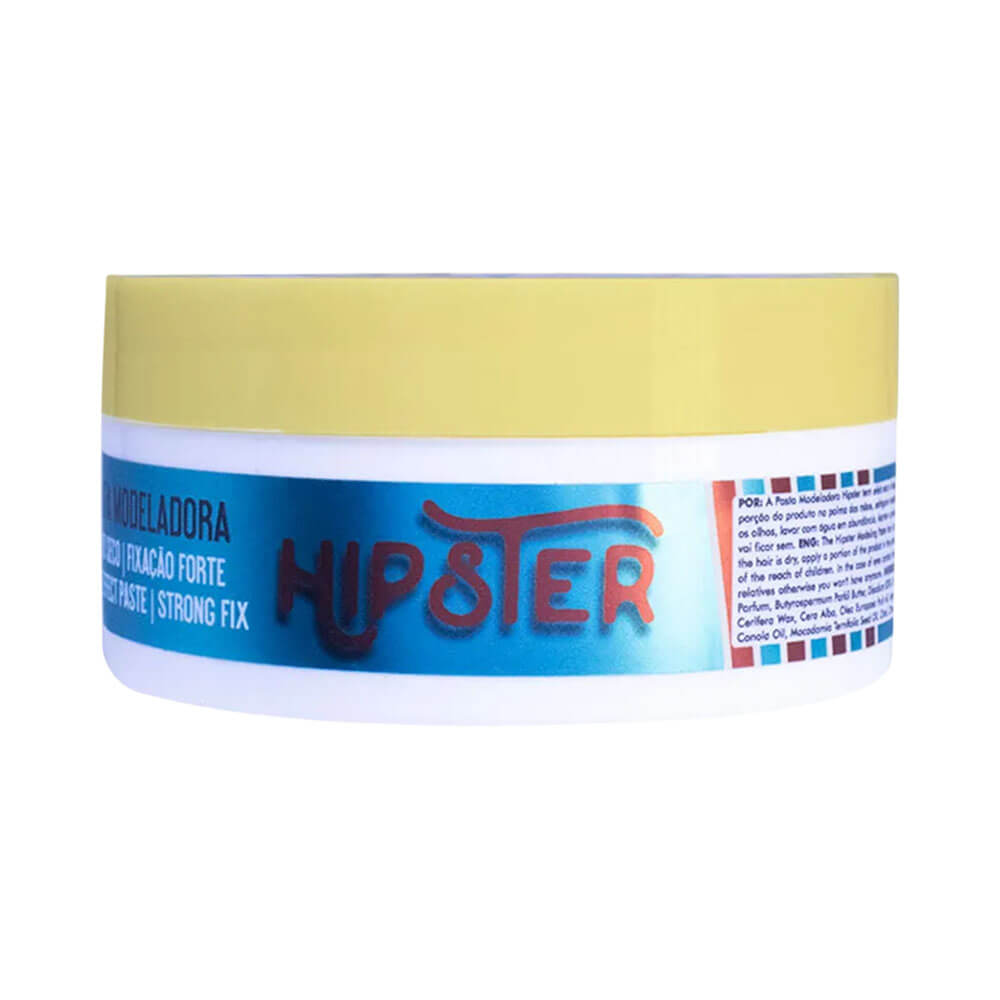 Embalagem lateral da Pasta Modeladora Barba Forte Hipster 60g com detalhes em azul e vermelho